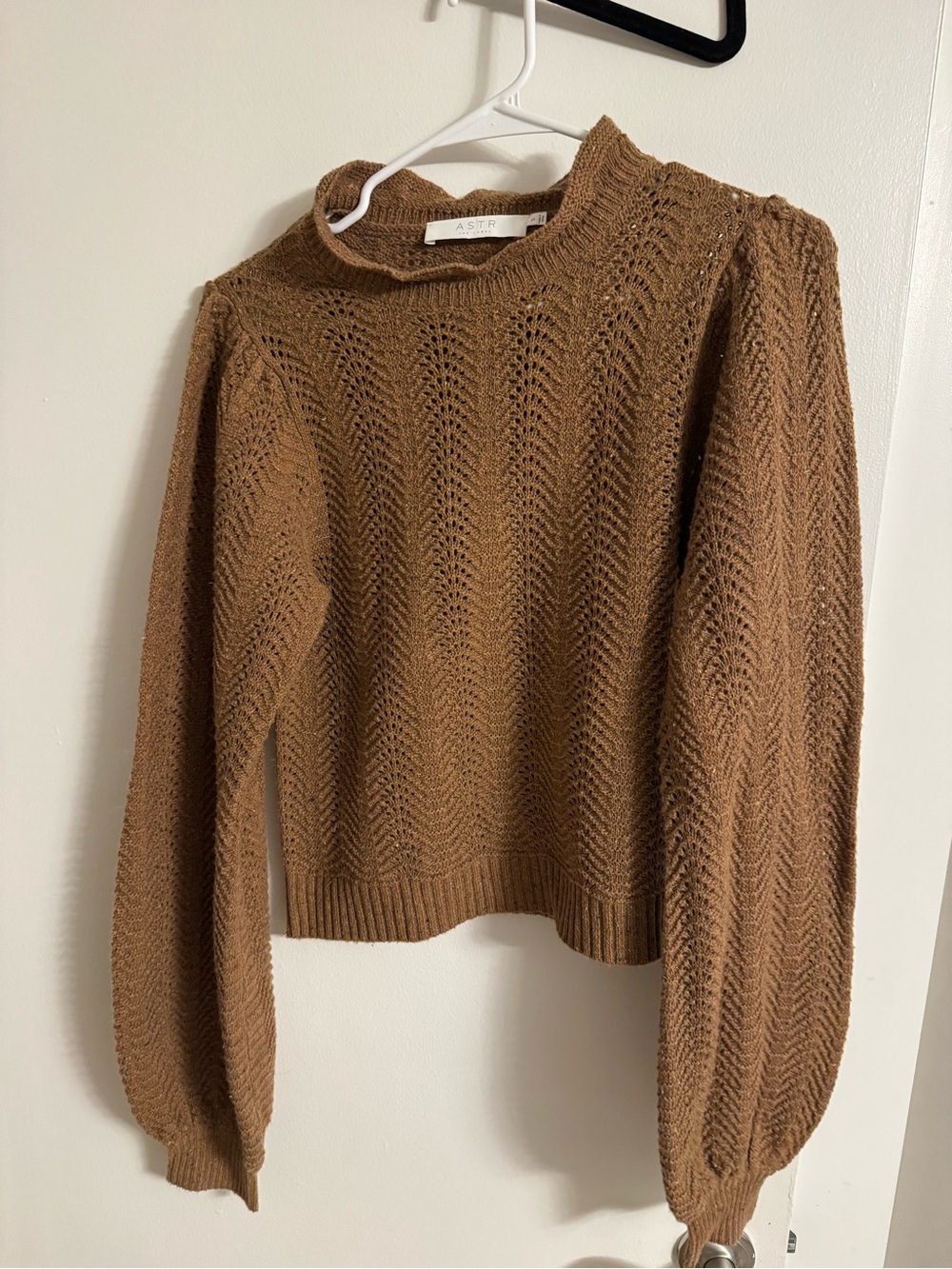 Astr Brown Open-Knit Puff Sleeve Crewneck Sweater